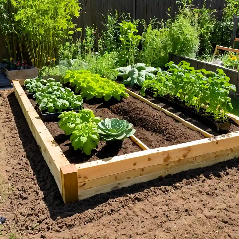 A peaceful garden scene featuring a DIY raised garden bed being filled with soil. The raised bed is surrounded by garden tools, wooden planks, and bags of soil. Lush green plants are beginning to grow in the bed, with soft, natural sunlight illuminating the scene. A pair of hands is shown adding soil to the raised bed, creating an inviting atmosphere that highlights the simplicity and joy of gardening on a budget.