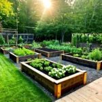 A vibrant backyard garden featuring multiple DIY raised garden beds filled with healthy, growing plants like vegetables, herbs, and flowers. The garden is bathed in soft sunlight, creating a warm and inviting atmosphere. Nearby, gardening tools such as a shovel, hammer, and measuring tape are visible, representing the DIY process. Bags of soil, compost, and mulch are scattered around, emphasizing the process of building and filling the beds. A person (or hands) is shown working in the garden, highlighting the satisfaction and accessibility of growing plants in cost-effective raised garden beds.