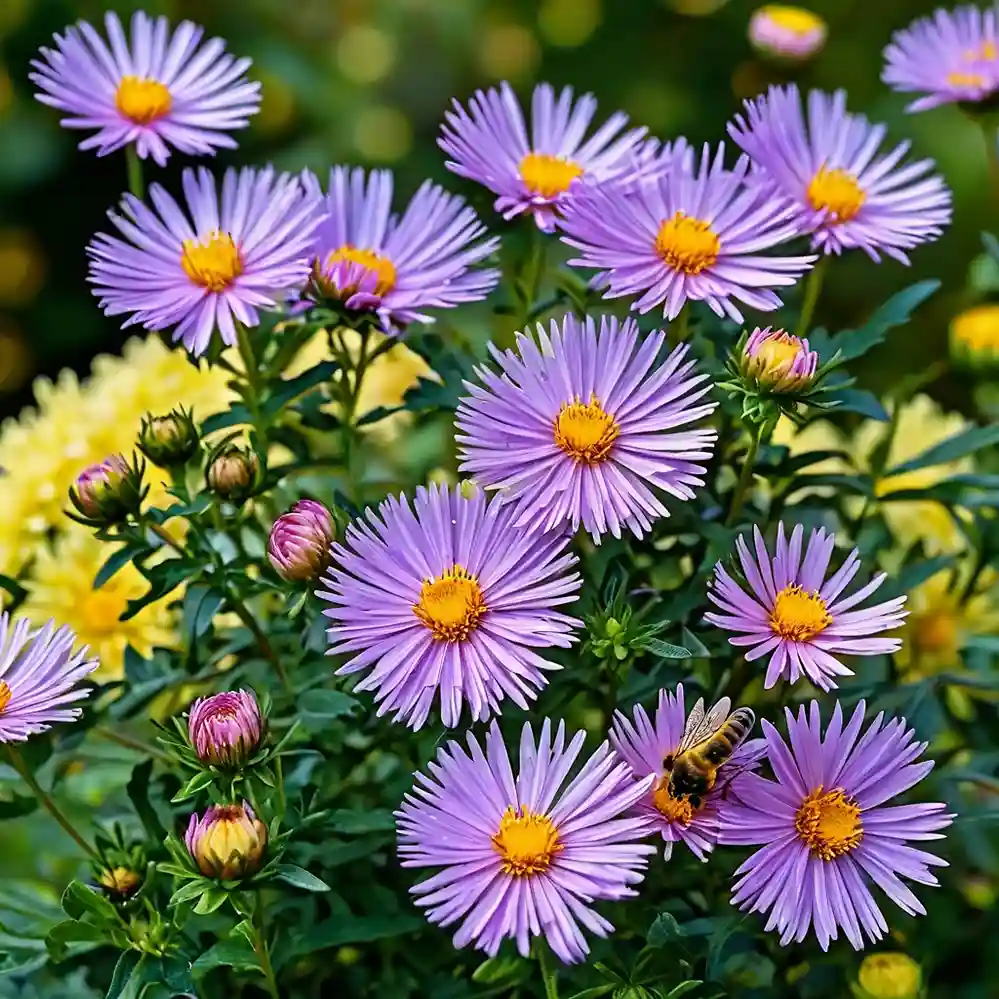 A close-up of Asters in full bloom, featuring star-shaped flowers in shades of purple, pink, white, and blue with a central yellow or golden disk. The vibrant petals contrast beautifully with dark green foliage, and sunlight highlights their delicate texture. Bees and butterflies hover nearby, adding life to the scene. The softly blurred garden background enhances the serene, autumnal feel, with a gentle bokeh effect emphasizing the flowers' graceful beauty.