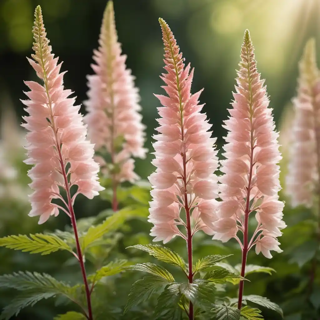 A close-up of Astilbe flowers in full bloom, featuring feathery, plume-like blossoms in shades of soft pink, deep red, and pure white. The delicate flowers rise above lush, dark green foliage, creating a striking contrast. Sunlight filters through the leaves, casting a warm glow on the blossoms. A softly blurred garden background enhances the elegant and dreamy atmosphere, with dewdrops glistening on the petals for a fresh, natural touch.