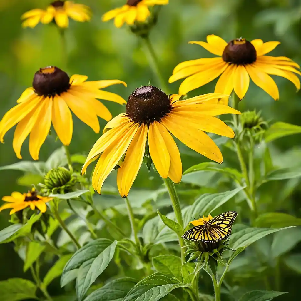 A close-up of Black-eyed Susan flowers in full bloom, with bright golden-yellow petals radiating from deep brown, cone-shaped centers. The petals have a delicate ruffled texture, and some curve outward. Sunlight creates a warm glow on the flowers, with green foliage providing a contrasting backdrop. Bees and butterflies hover nearby, adding life to the scene, while the softly blurred background enhances the natural, summery atmosphere.







