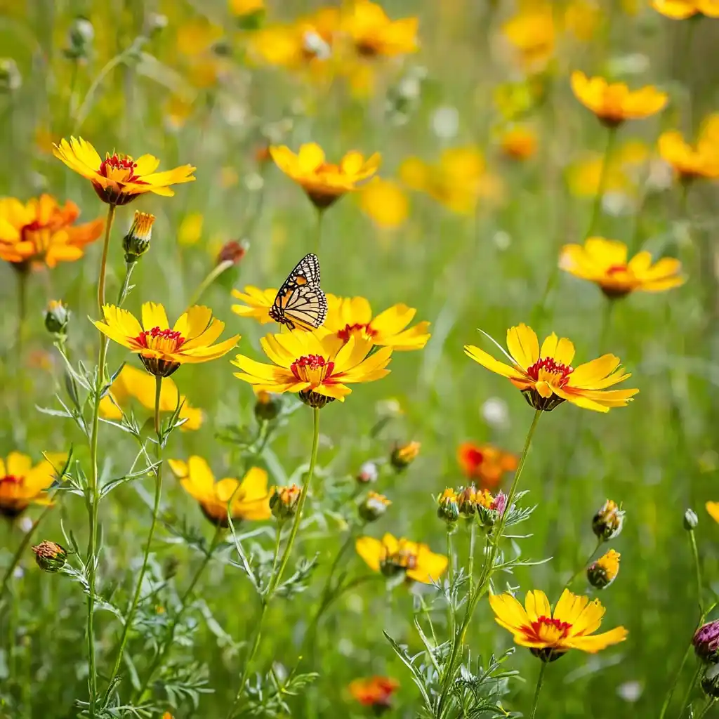 A close-up view of vibrant Coreopsis flowers with bright yellow and golden petals featuring delicate red-orange centers. The flowers are illuminated by warm sunlight, set against a softly blurred green meadow. Some blossoms sway gently in the breeze, while butterflies and bees hover nearby, adding to the lively, summery atmosphere. A dreamy bokeh effect enhances the beauty of the wildflowers.