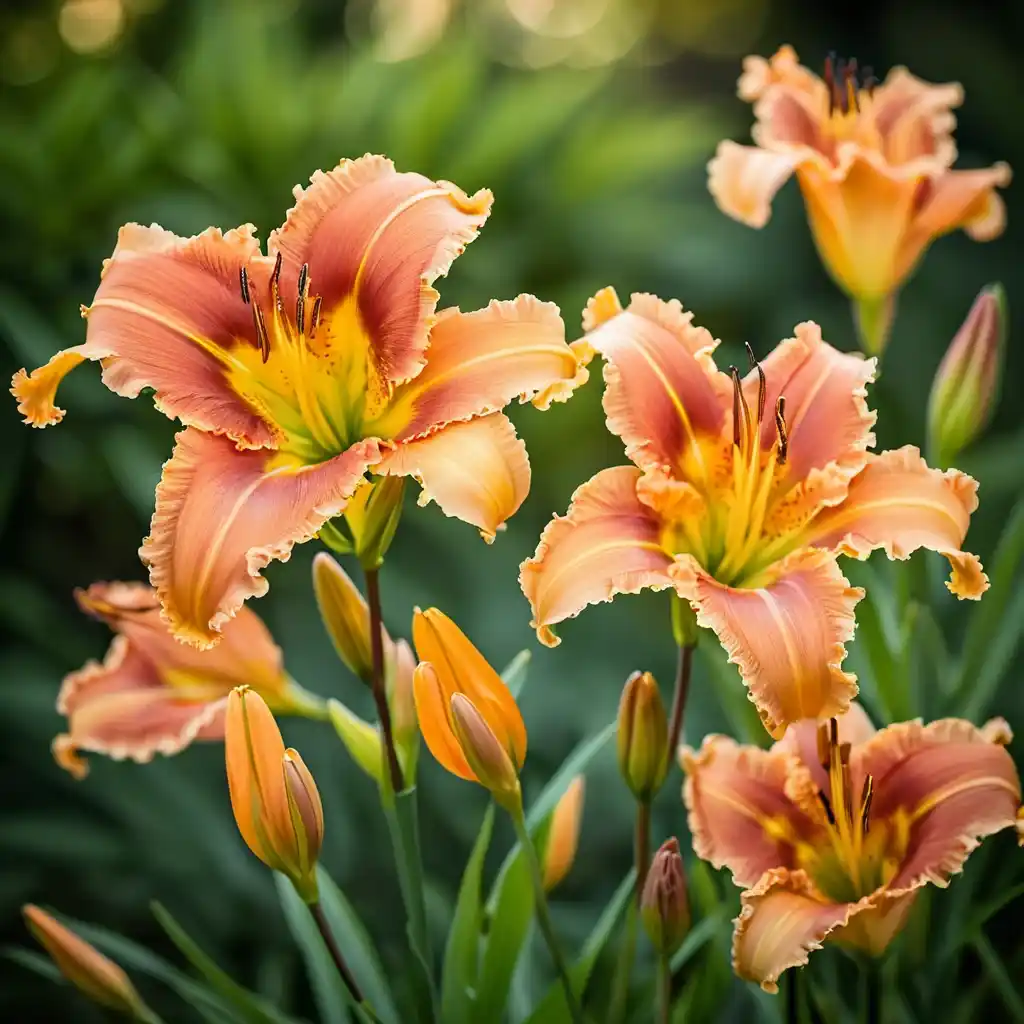 A close-up of vibrant Daylilies in full bloom, featuring large, trumpet-shaped petals in shades of fiery orange, deep red, and golden yellow. The petals have delicate ruffled edges and intricate veins, with a prominent stamen extending from the center. Sunlight filters through the green foliage, creating a warm, glowing effect. A softly blurred garden background adds to the dreamy and serene atmosphere, while bees and butterflies hover nearby, enhancing the lively scene