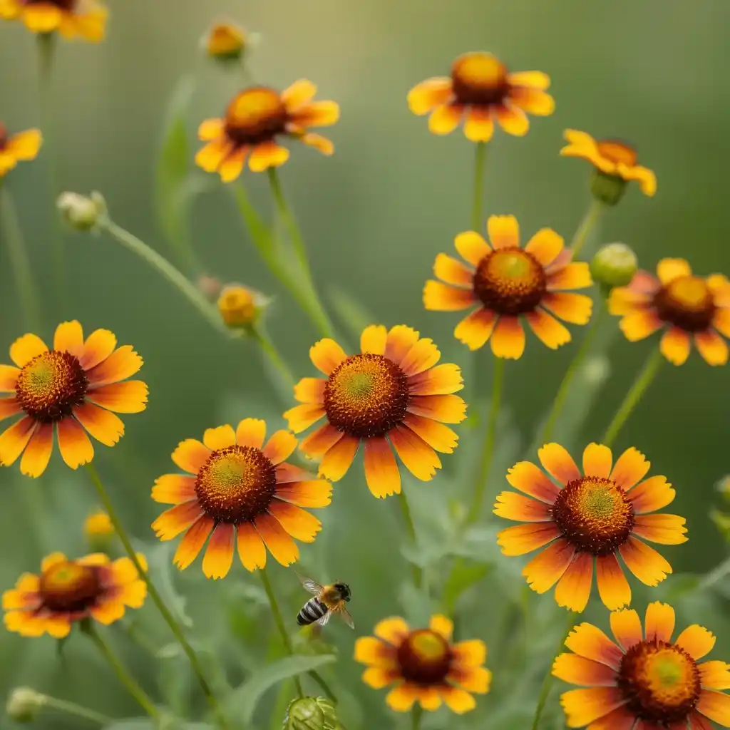 A close-up of Helenium flowers in full bloom, featuring vibrant shades of golden yellow, deep red, and orange petals with a ruffled, sunburst-like appearance. The dark brown center contrasts beautifully with the colorful petals. Sunlight highlights the intricate textures, while the green foliage provides a lush backdrop. Bees and butterflies hover nearby, adding life to the scene. The softly blurred garden background creates a serene atmosphere, with a dreamy bokeh effect emphasizing the beauty of the flowers.