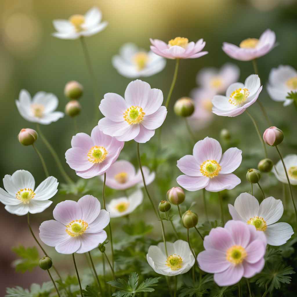 Delicate Japanese Anemone flowers with soft petals and golden centers.