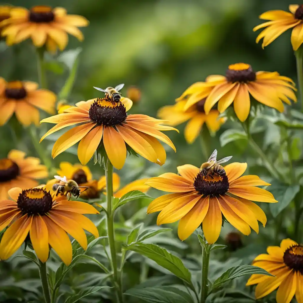 A close-up of Rudbeckia flowers in full bloom, featuring bright golden-yellow and deep orange petals surrounding dark brown, cone-shaped centers. Sunlight casts a warm glow on the blossoms, contrasting with the lush green foliage. Bees and butterflies hover nearby, adding movement and life. The softly blurred garden or meadow background enhances the natural, summery atmosphere.