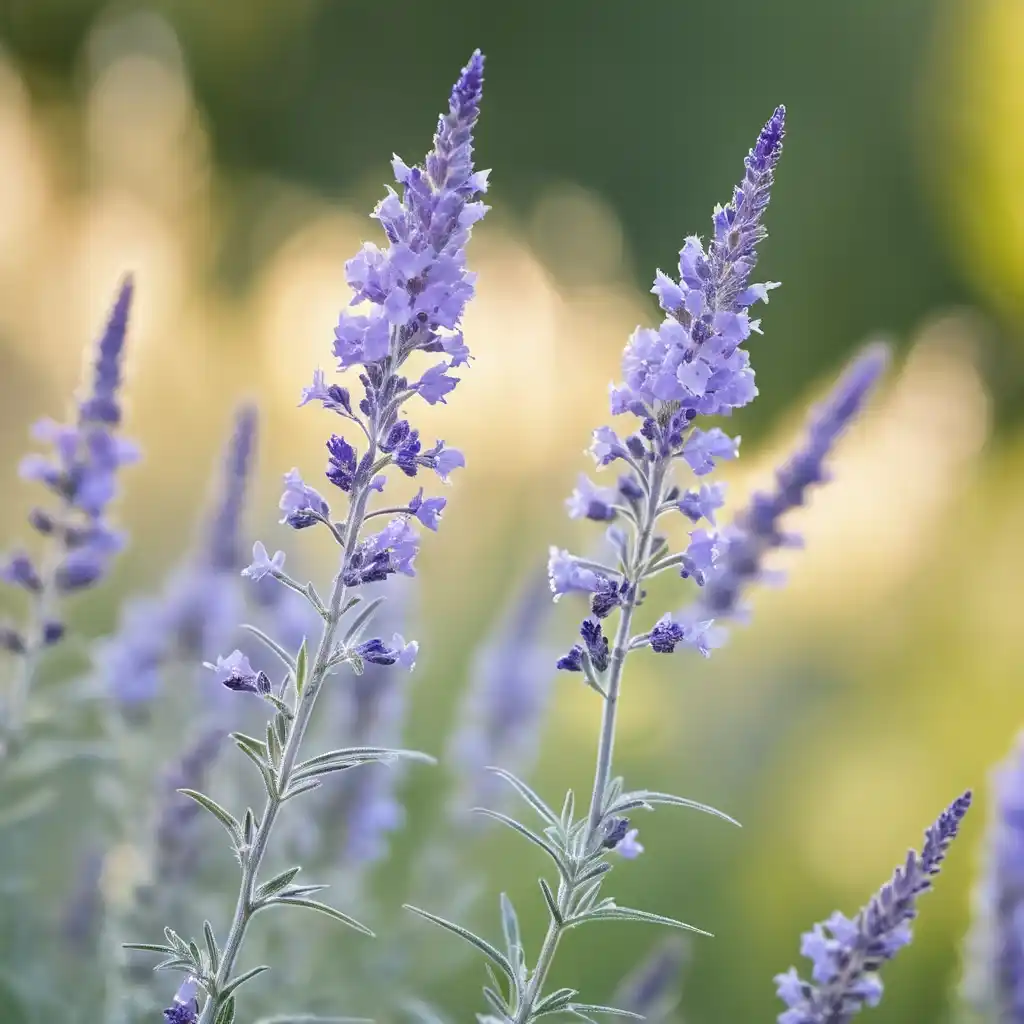 A close-up of Russian Sage in full bloom, featuring tall, airy spires of tiny lavender-blue flowers along silvery-green stems. Sunlight filters through, casting a gentle glow on the delicate blossoms. The softly blurred background of a garden or meadow enhances the dreamy and serene atmosphere, while bees and butterflies hover nearby, adding a lively touch.