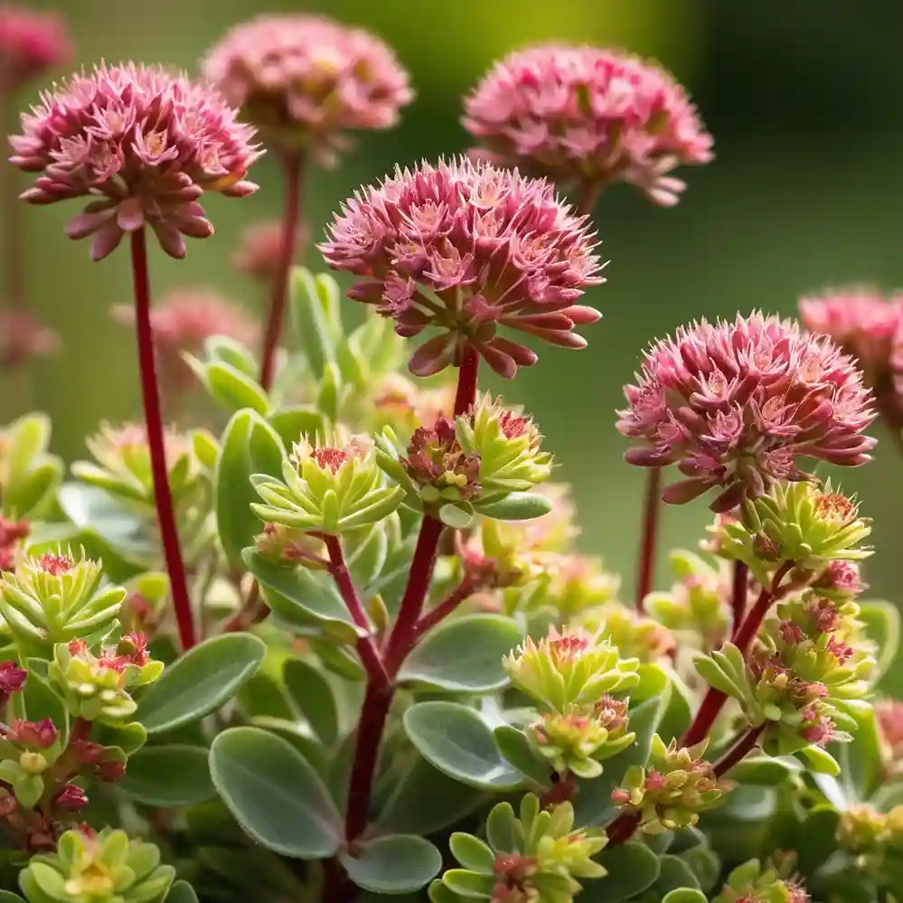 A close-up of Sedum flowers in full bloom, featuring clusters of small, star-shaped blooms in shades of pink, red, or yellow, surrounded by thick, fleshy green leaves. Sunlight highlights the vibrant colors and intricate textures of the flowers. The softly blurred background includes a garden or meadow with hints of other wildflowers, while bees and butterflies hover nearby. The image has a soft bokeh effect, enhancing the delicate beauty of the Sedum.







