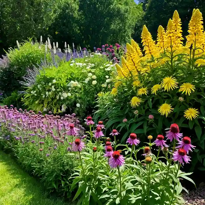 A vibrant garden filled with tall perennial flowers, including Bee Balm, Goldenrod, Lavender, Delphinium, Echinacea, Shasta Daisy, and Liatris, in full bloom. The colorful blossoms attract butterflies and bees against a lush green background.