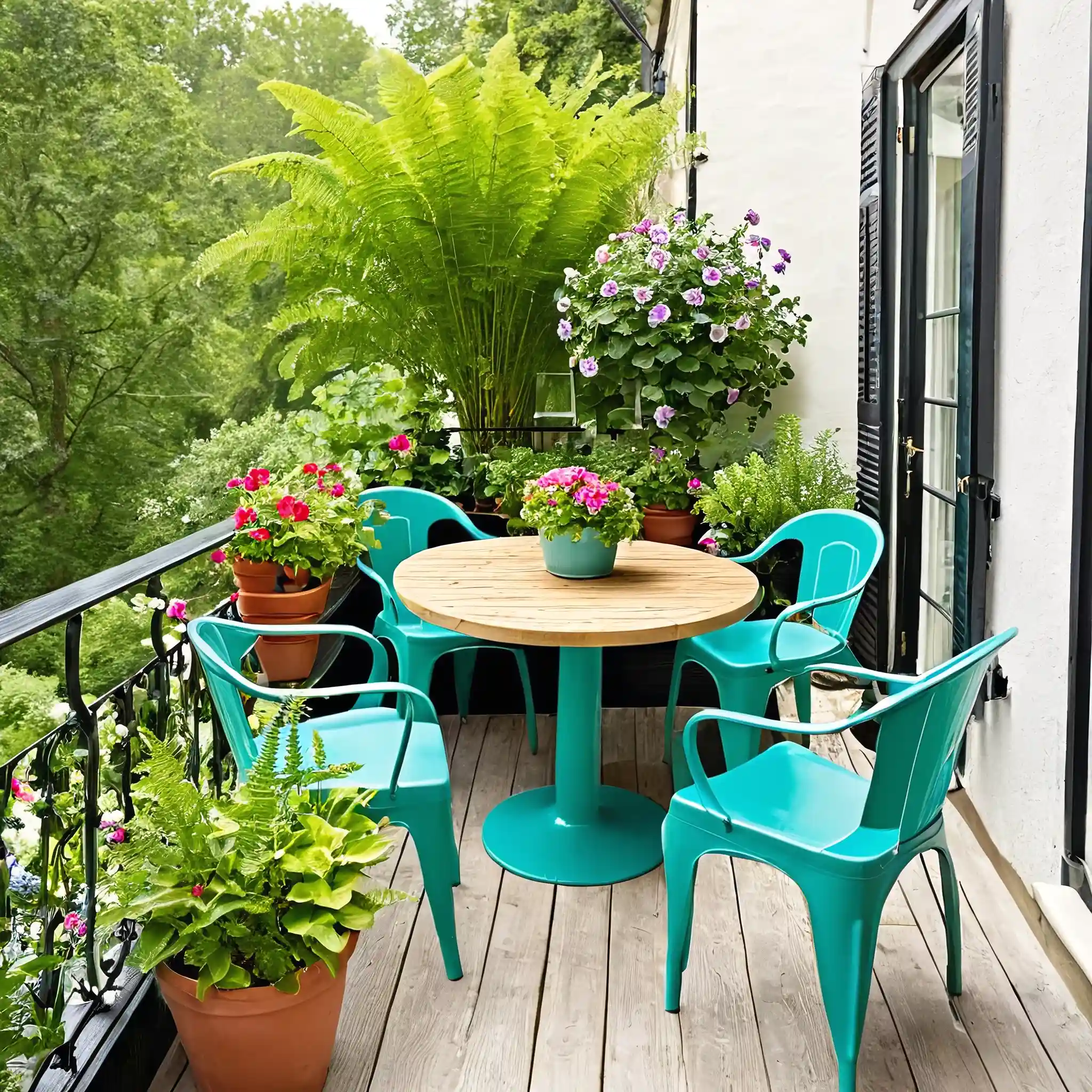 Cozy balcony garden with vibrant flowers, green plants, and seating