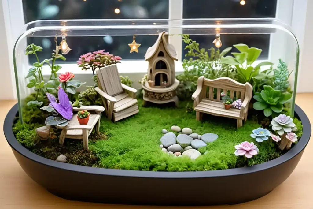 Indoor fairy garden with small plants, miniature figures, and a whimsical design.