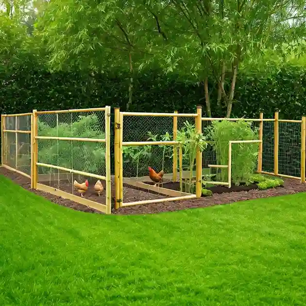 Alternative DIY garden fence options: bamboo, chicken wire, and mesh wire fences.

Caption: