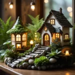 Magical indoor fairy garden with tiny houses, plants, and glowing pebbles.