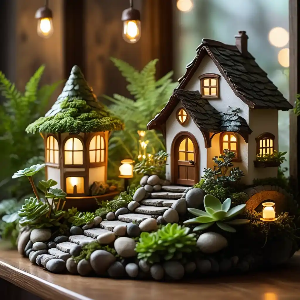 Magical indoor fairy garden with tiny houses, plants, and glowing pebbles.