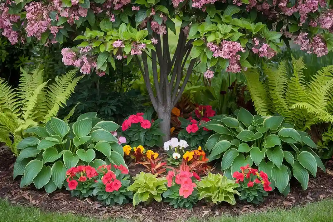 A tree surrounded by hostas, ferns, and colorful flowers.