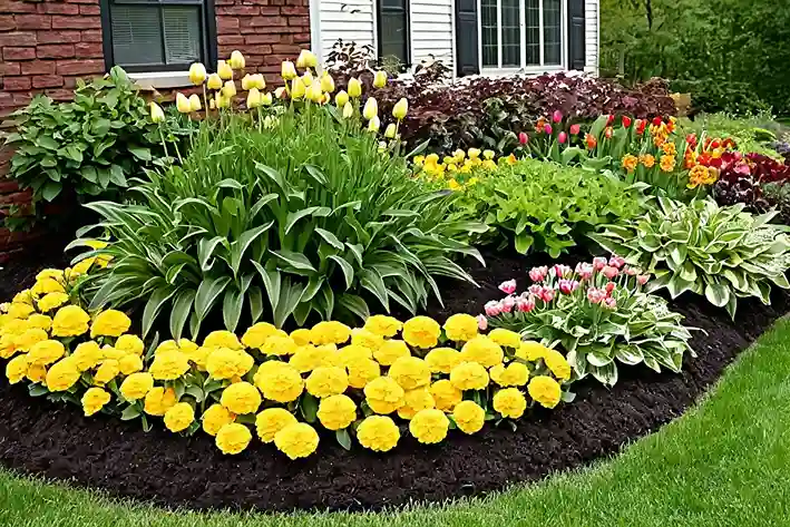 Simple flower bed with marigolds, zinnias, and stone borders, ideal for beginner gardeners.