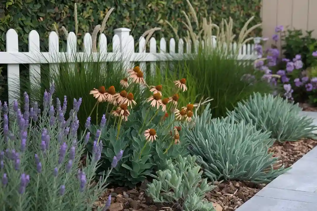 A garden with lavender, coneflowers, and ornamental grasses.