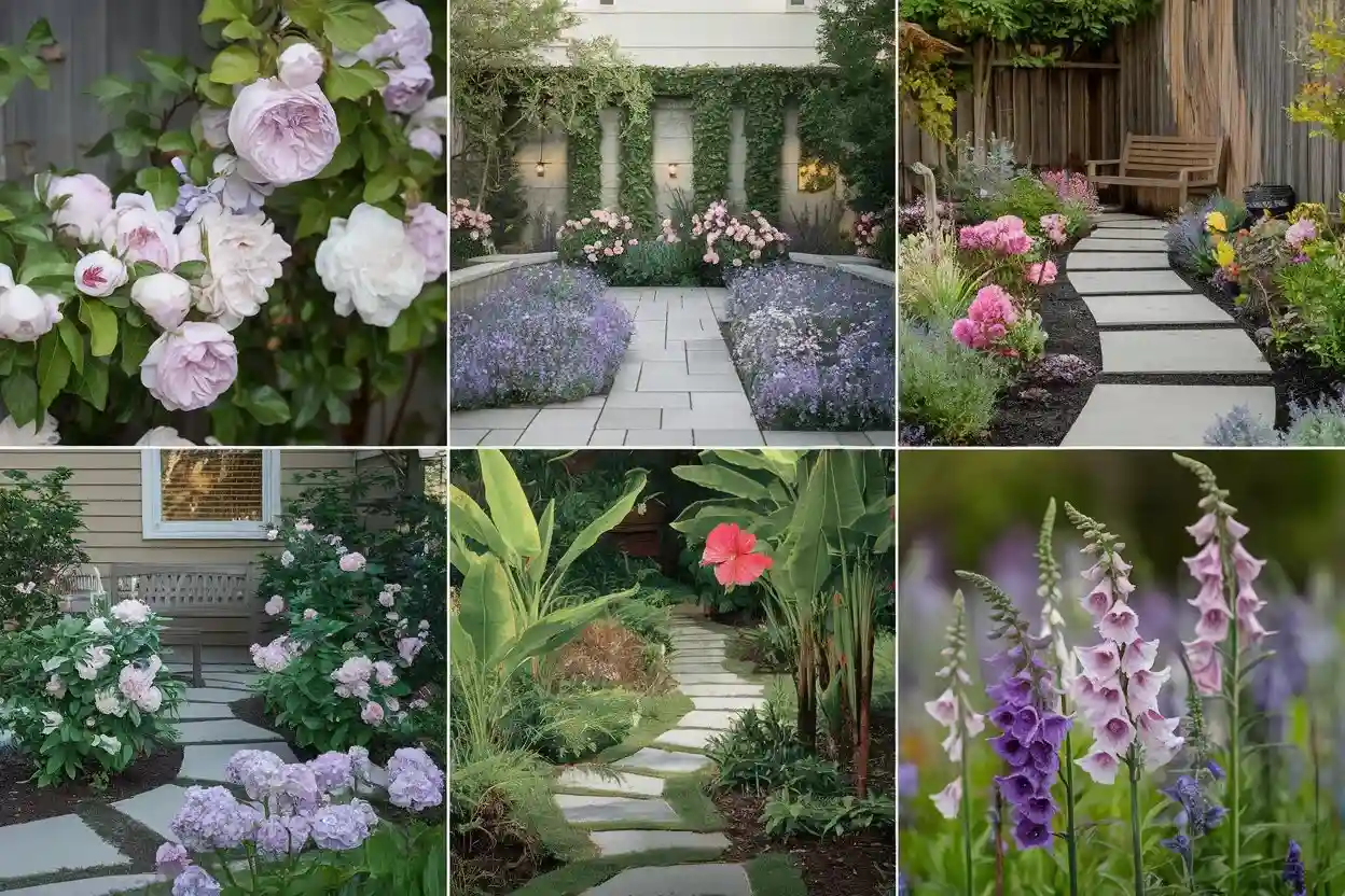 A peaceful backyard with roses, jasmine, and stone paths.