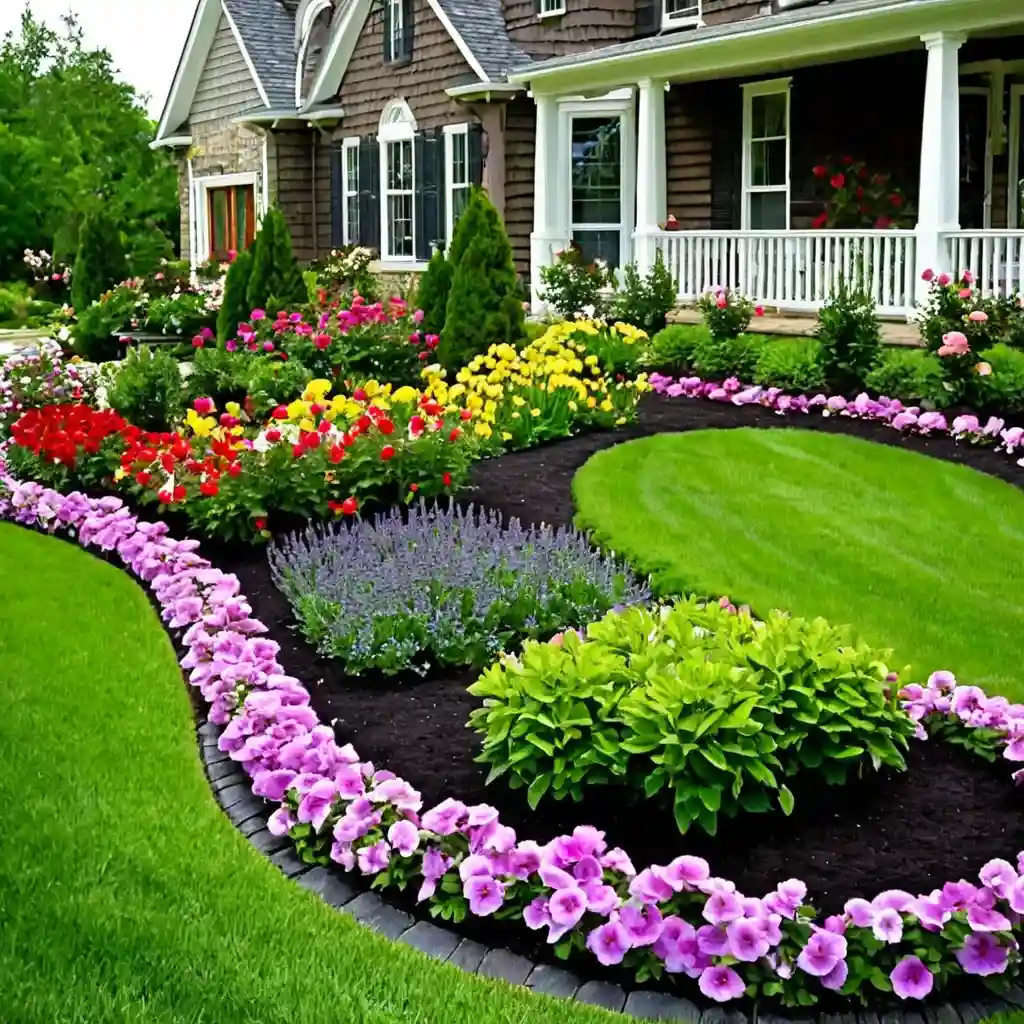 Flower bed with vibrant flowers and neat borders in front of a house for curb appeal.