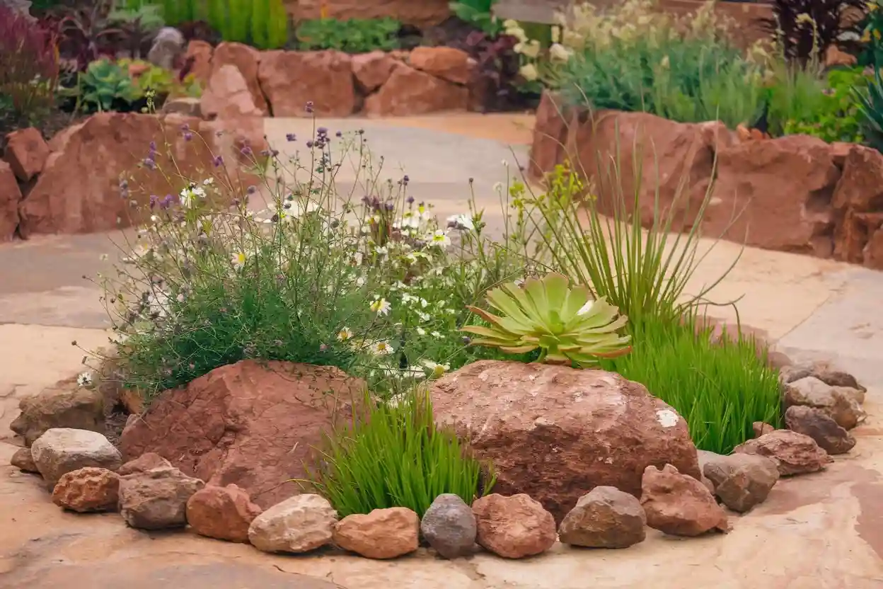 Flower bed with rocks, river stones, and wildflowers for a natural touch.