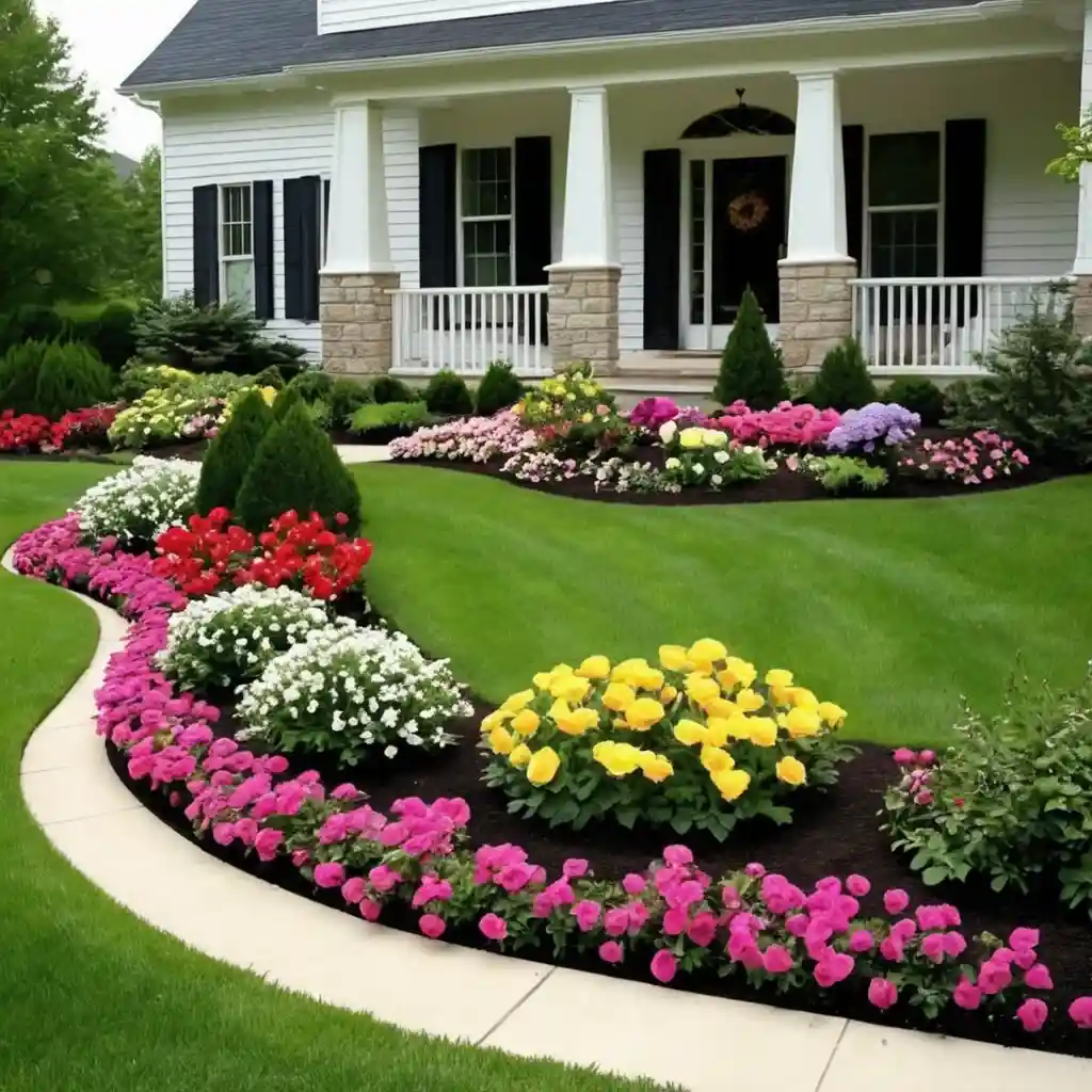 Flower bed ideas with vibrant flowers and stone borders for curb appeal.