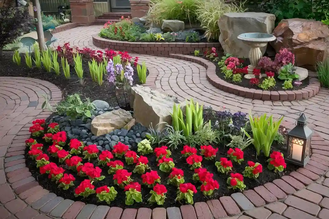 A garden with curved flower beds, red flowers along a brick path, and decorative elements like a birdbath and lanterns.