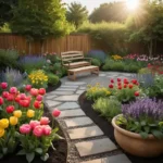 Colorful flower garden with roses, tulips, and sunflowers in raised beds.