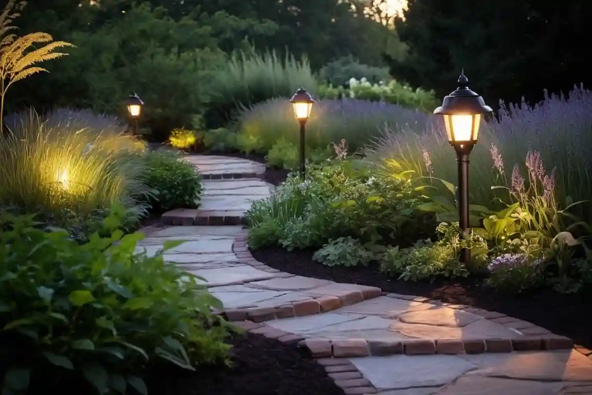 Garden path with brick or stone edging, solar lights, and decorative plants along the walkway.