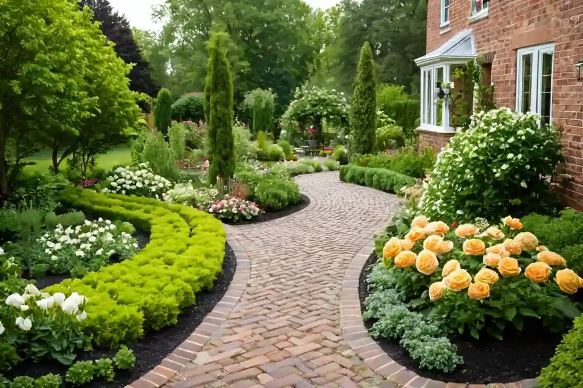 Brick garden path with greenery and flowers