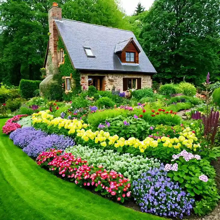 Small house with a lush garden featuring ground cover plants like creeping thyme and moss.