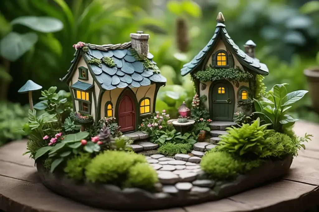 Miniature fairy garden with tiny houses, plants, and whimsical decorations