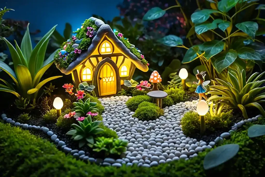 Whimsical woodland-themed fairy garden with tiny houses and natural elements.