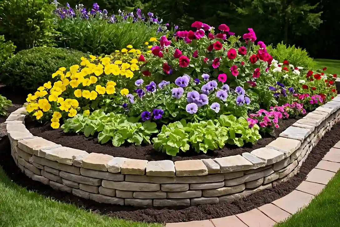 Colorful flowers in raised beds with stone edging in a sunny, peaceful garden.



