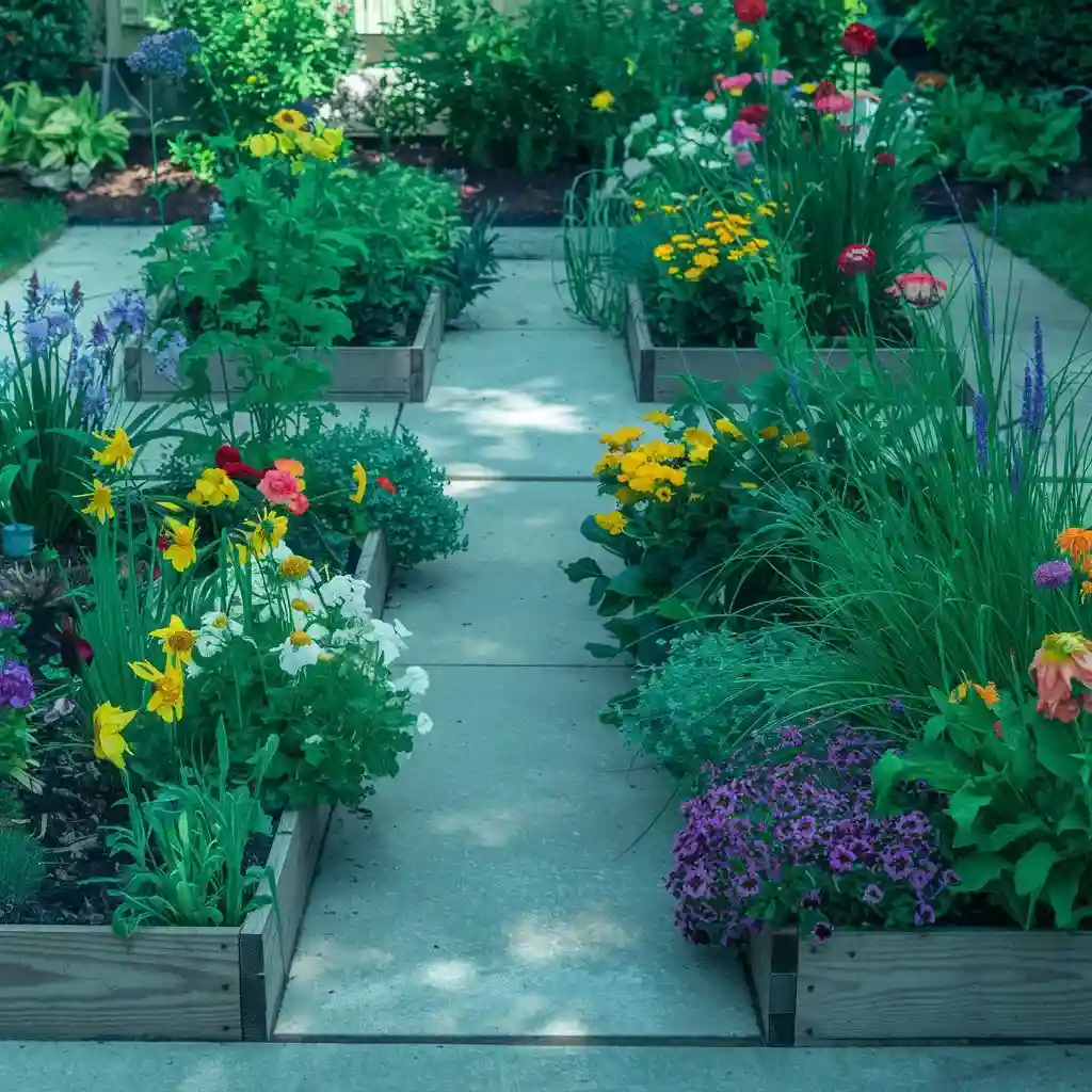 Raised flower beds made of wood and stone with defined borders, vibrant flowers, and a neat, organized appearance.