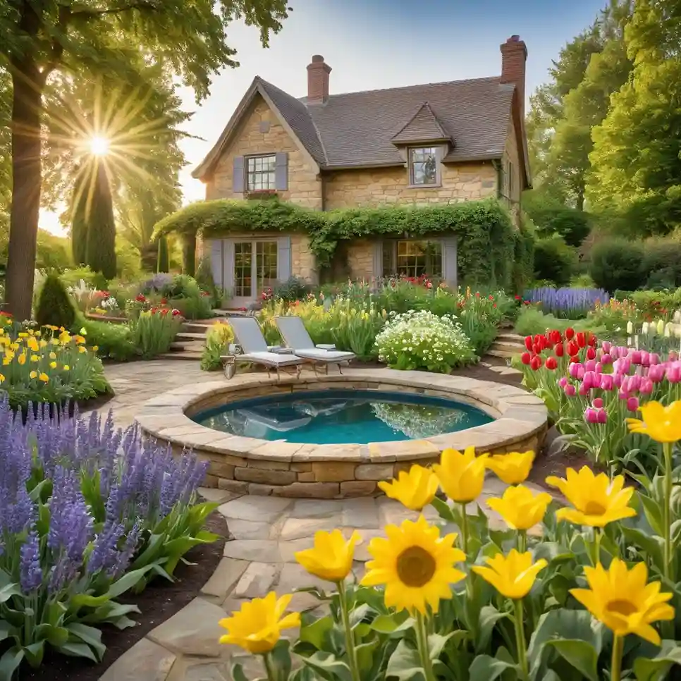 A vibrant garden with flowers, a swimming pool, and a charming house in the background.