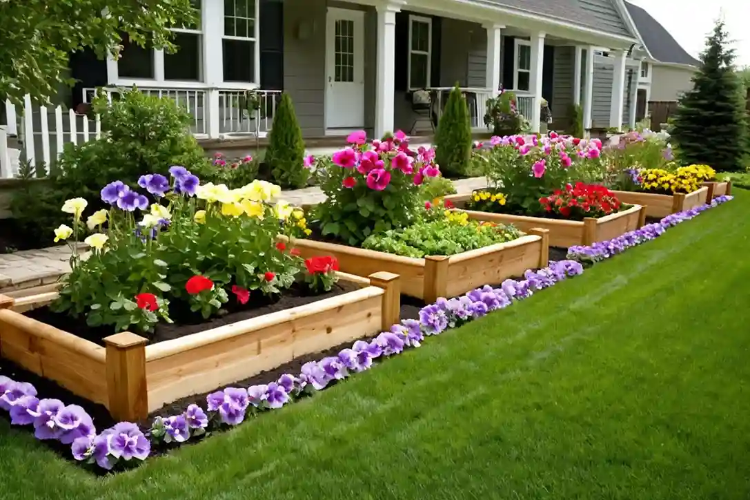 Wooden raised beds with colorful flowers in a garden, with a house in the background.

