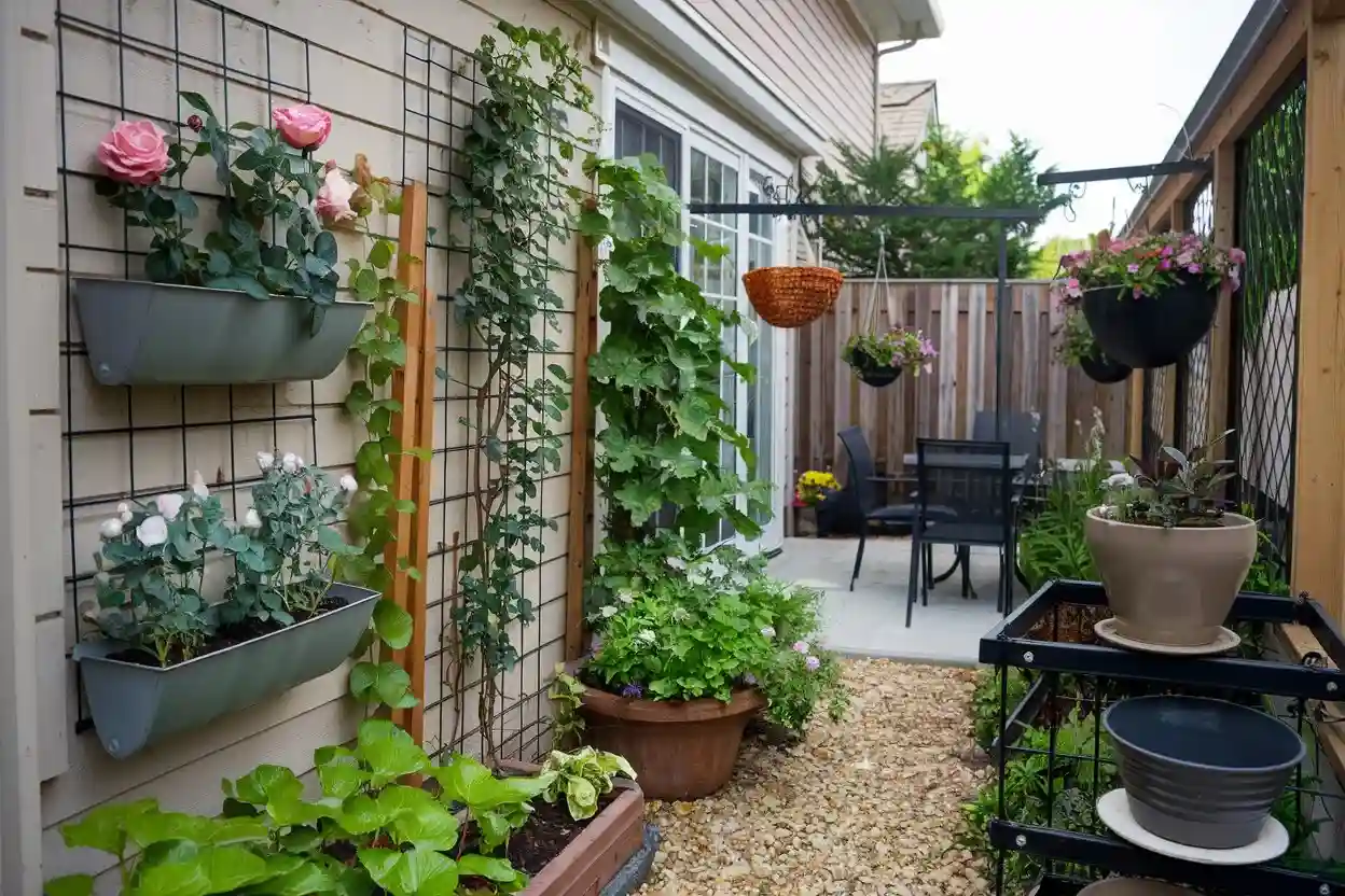 Vertical garden with wall-mounted planters, trellises with climbing flowers, and stacked pots for small spaces.