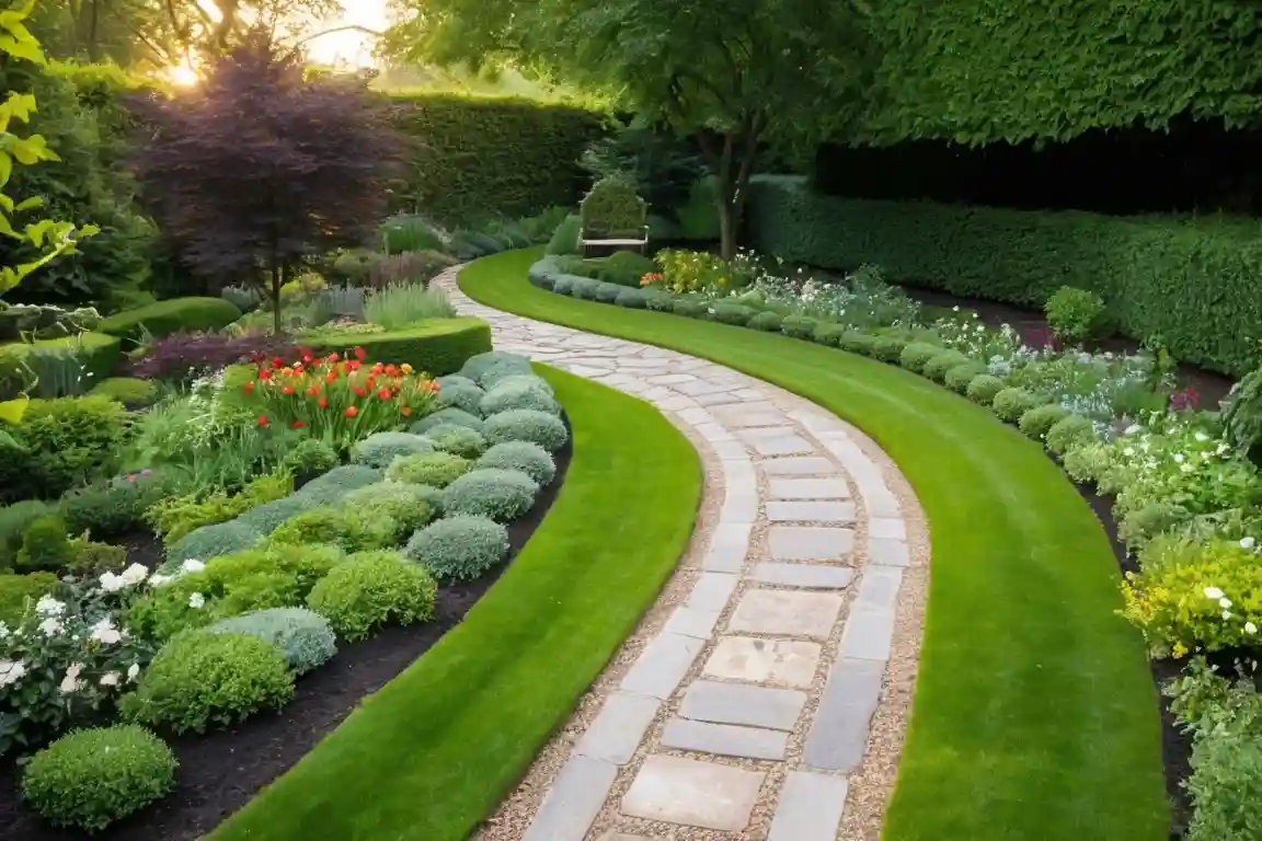 A picturesque garden path made of stepping stones, gravel, and brick, bordered by colorful flowers and lush greenery, leading to a cozy outdoor space.