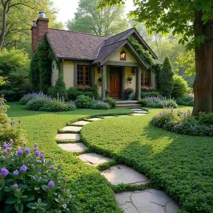 beautiful garden the ground is covered in lush creeping thyme