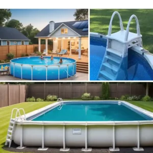 Above-ground pool with tan ladder and blue cover in backyard.